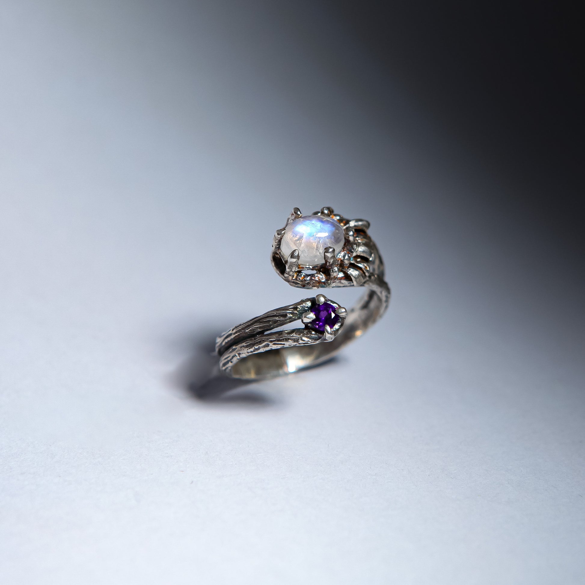 Daisy & Amethyst Open Ring with Moonstone Center