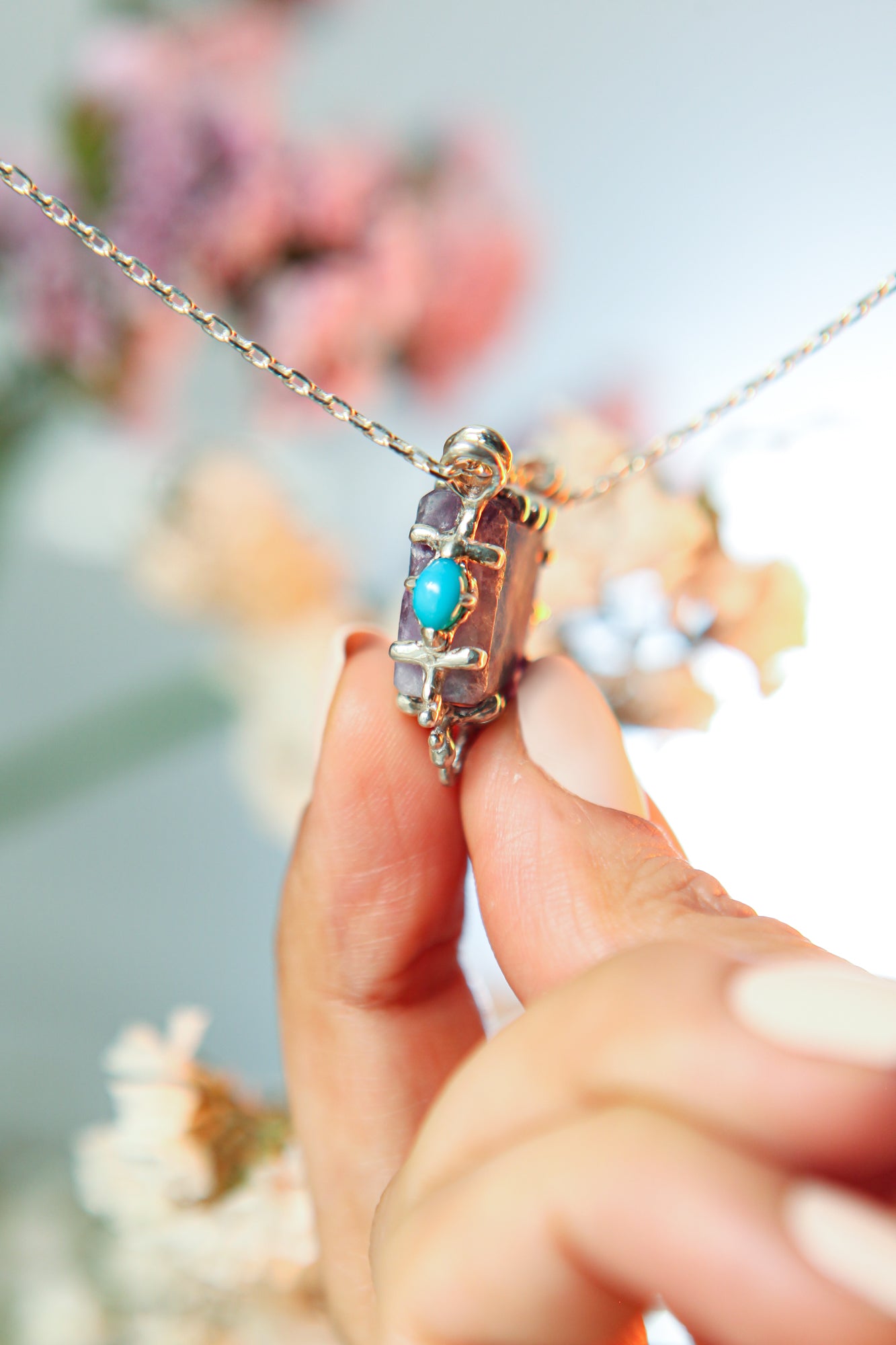 Dark Purple Fluorite & Turquoise Pendant