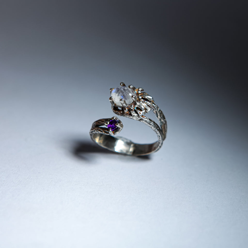 Daisy & Amethyst Open Ring with Moonstone Center