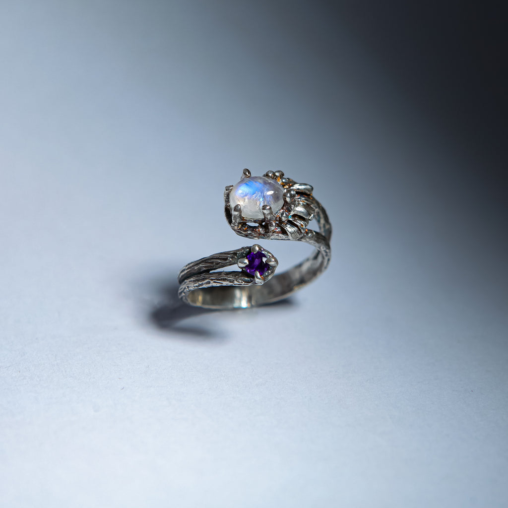 Daisy & Amethyst Open Ring with Moonstone Center