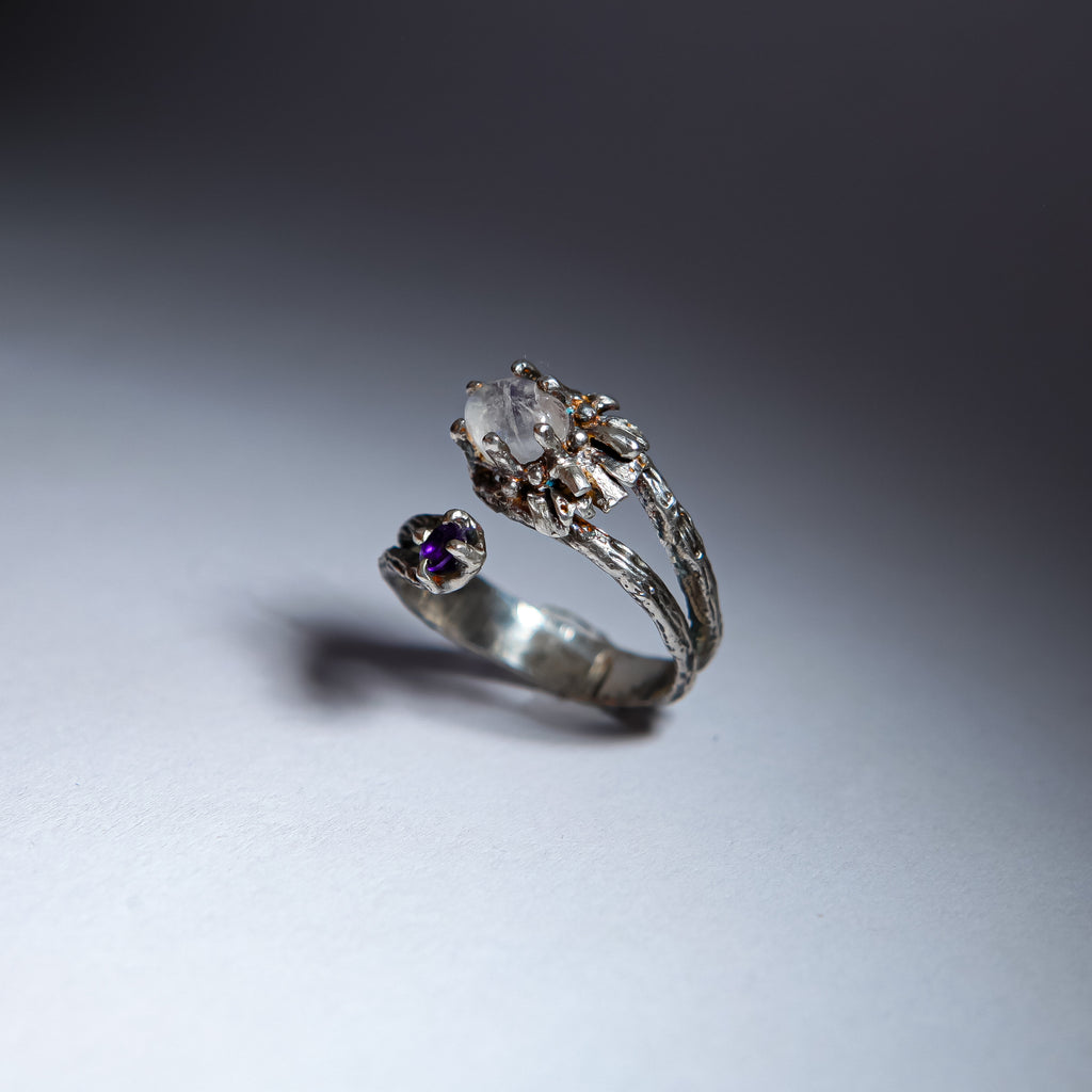 Daisy & Amethyst Open Ring with Moonstone Center