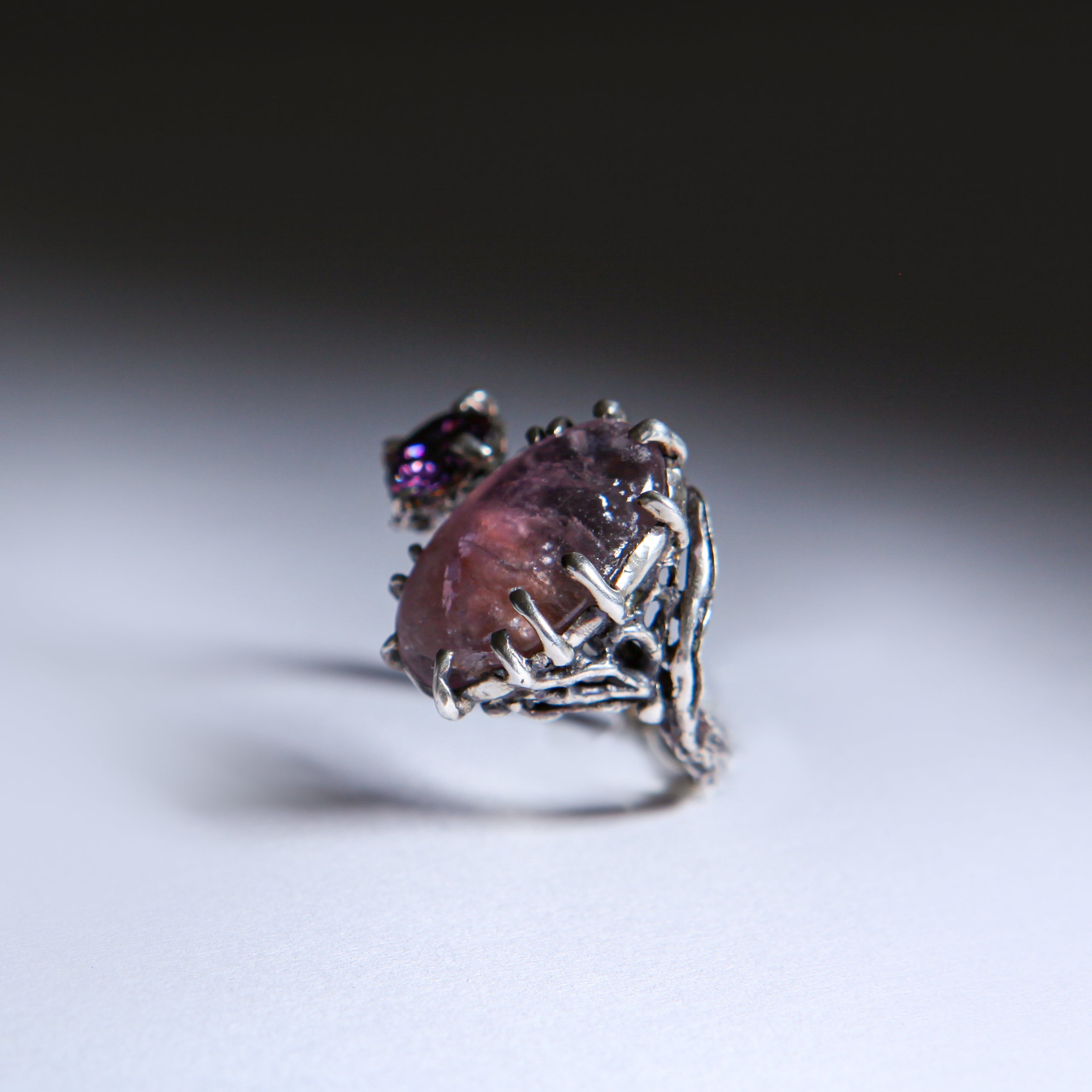 Botanical Silver Ring with Pink Fluorite & Purple Zircon