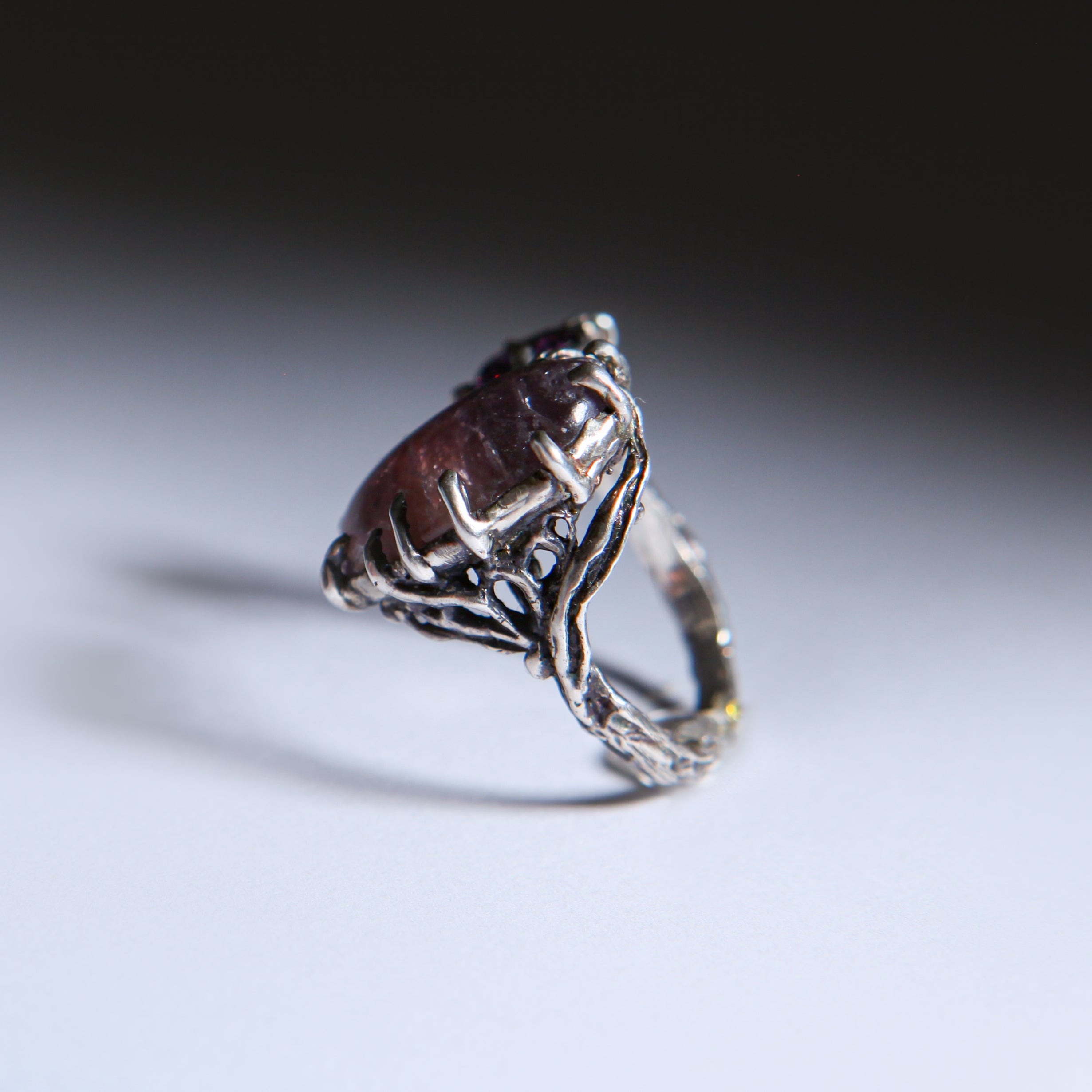 Botanical Silver Ring with Pink Fluorite & Purple Zircon