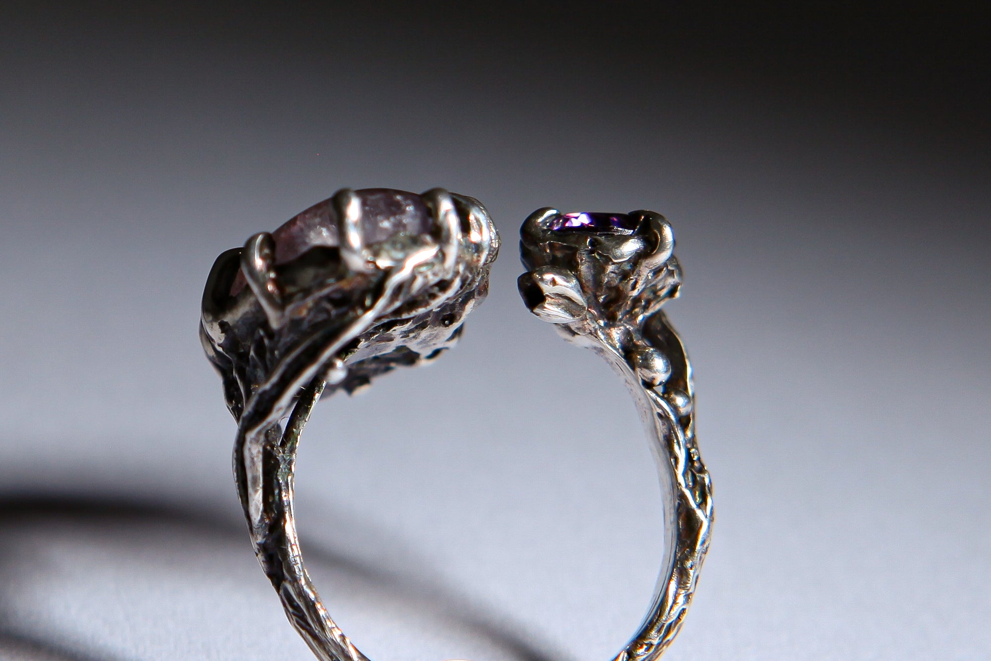 Botanical Silver Ring with Pink Fluorite & Purple Zircon