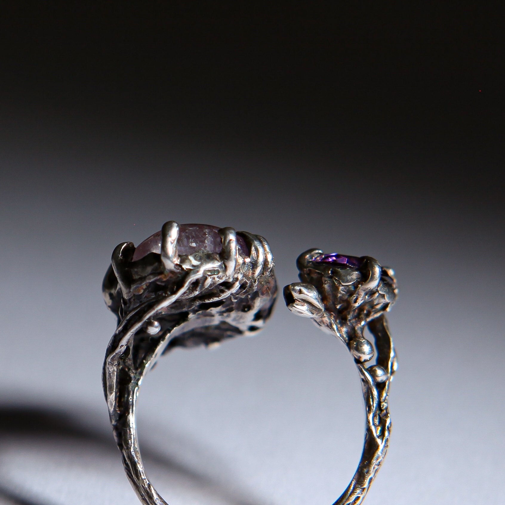 Botanical Silver Ring with Pink Fluorite & Purple Zircon