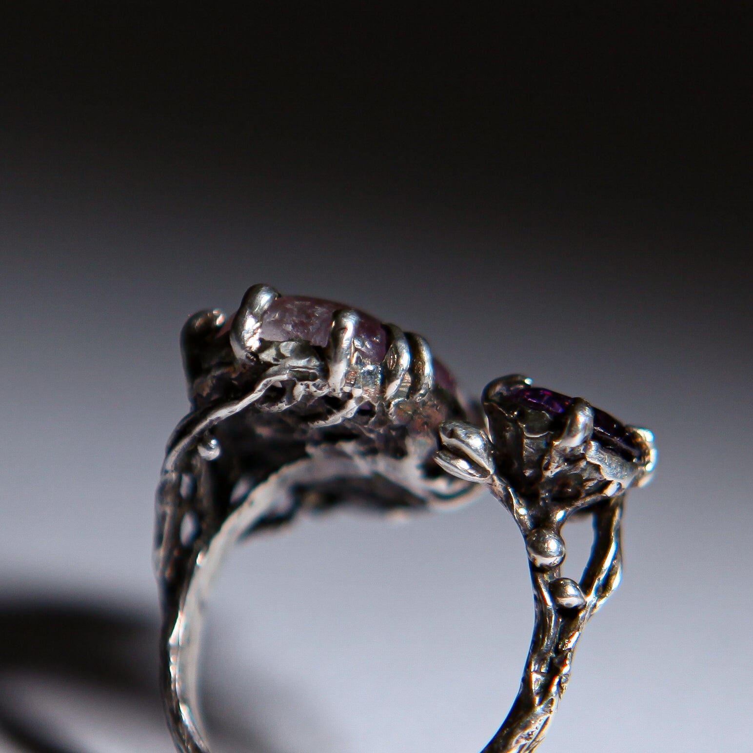 Botanical Silver Ring with Pink Fluorite & Purple Zircon