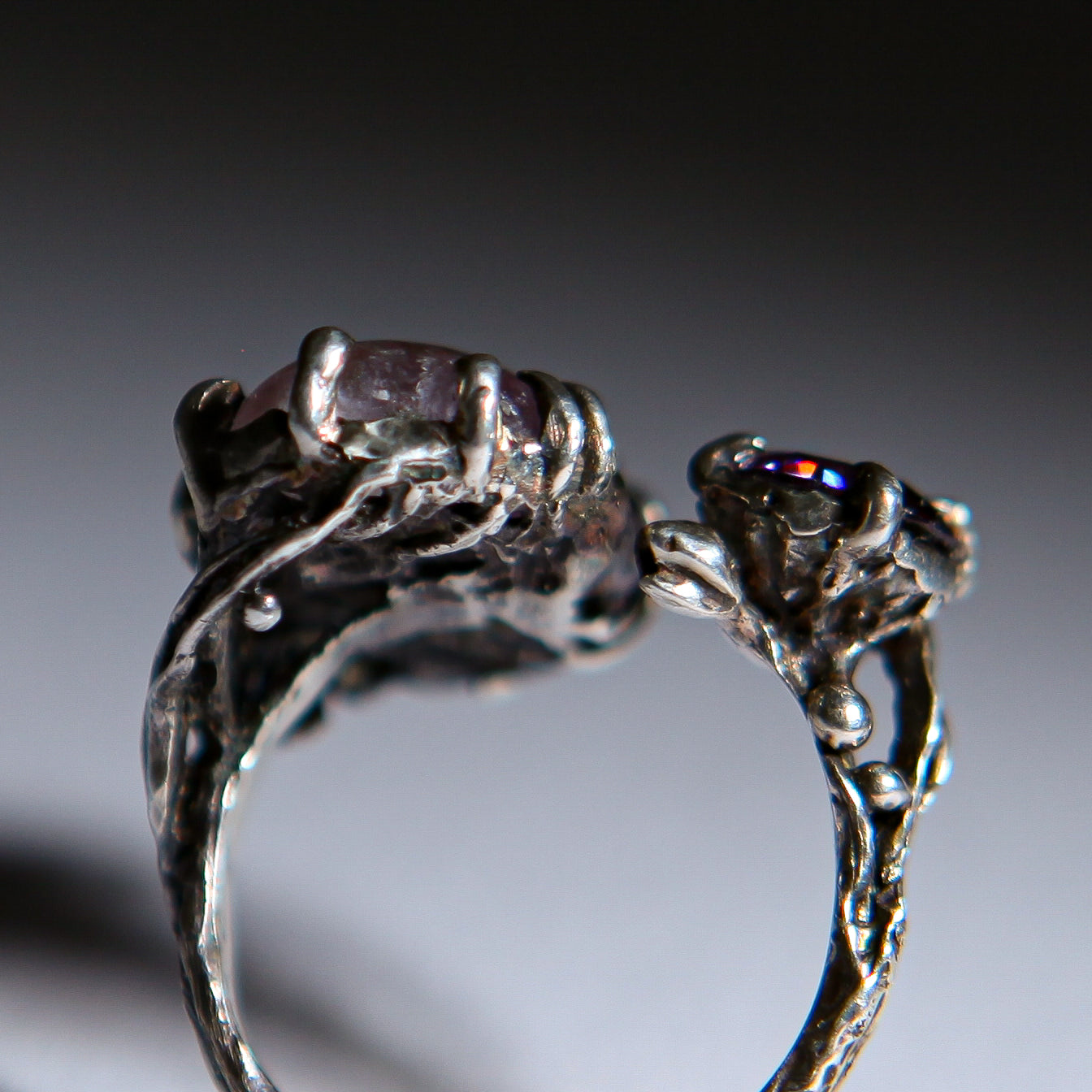 Botanical Silver Ring with Pink Fluorite & Purple Zircon