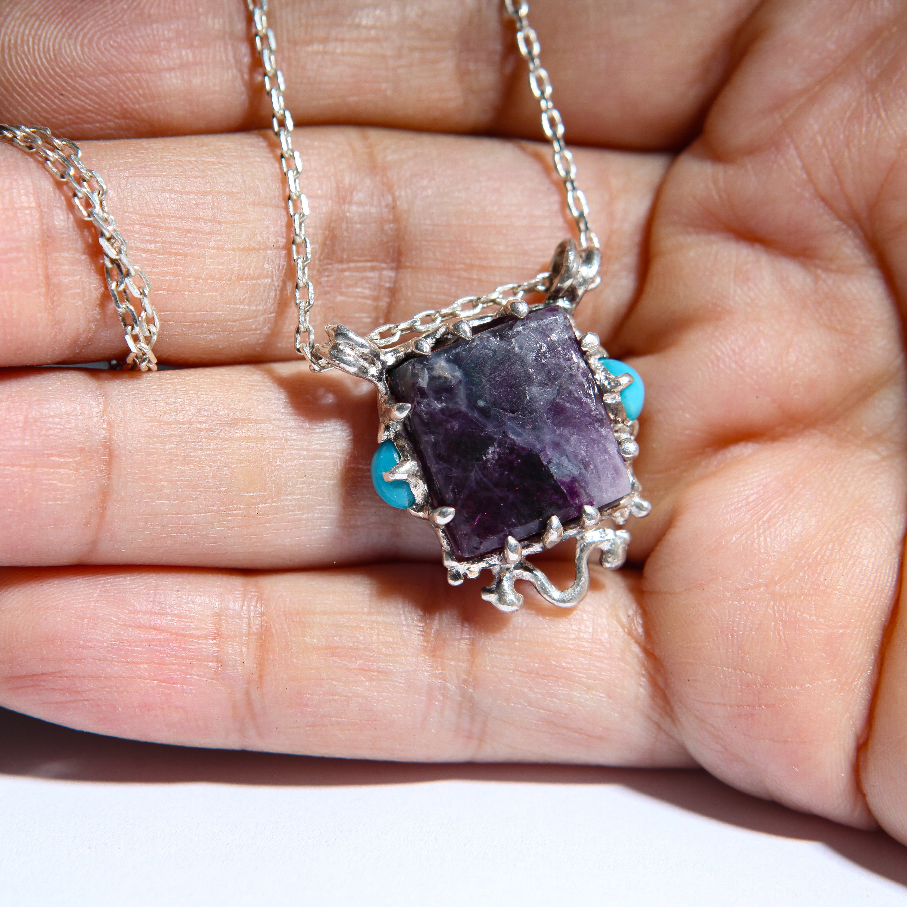 Dark Purple Fluorite & Turquoise Pendant