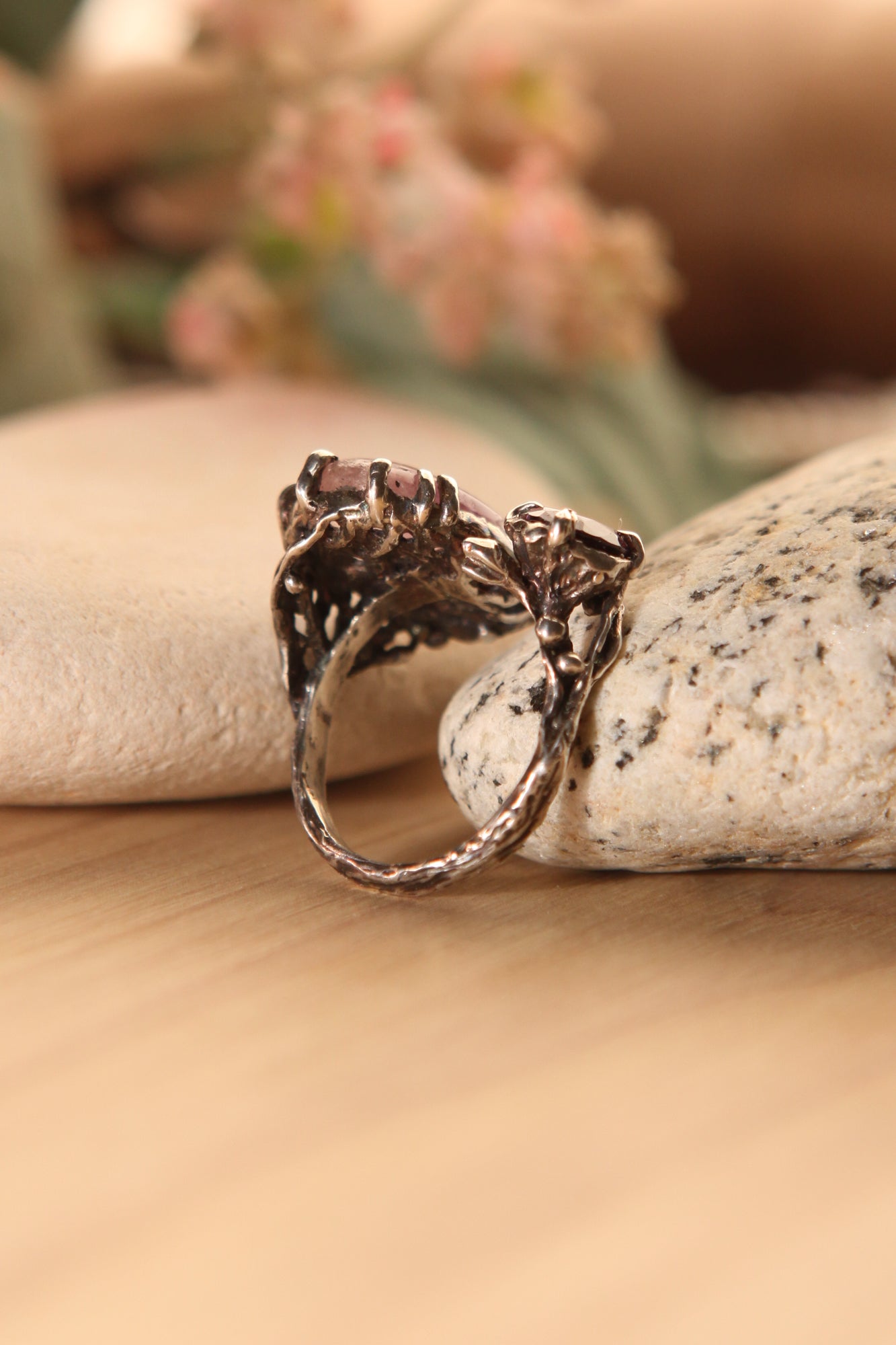 Botanical Silver Ring with Pink Fluorite & Purple Zircon