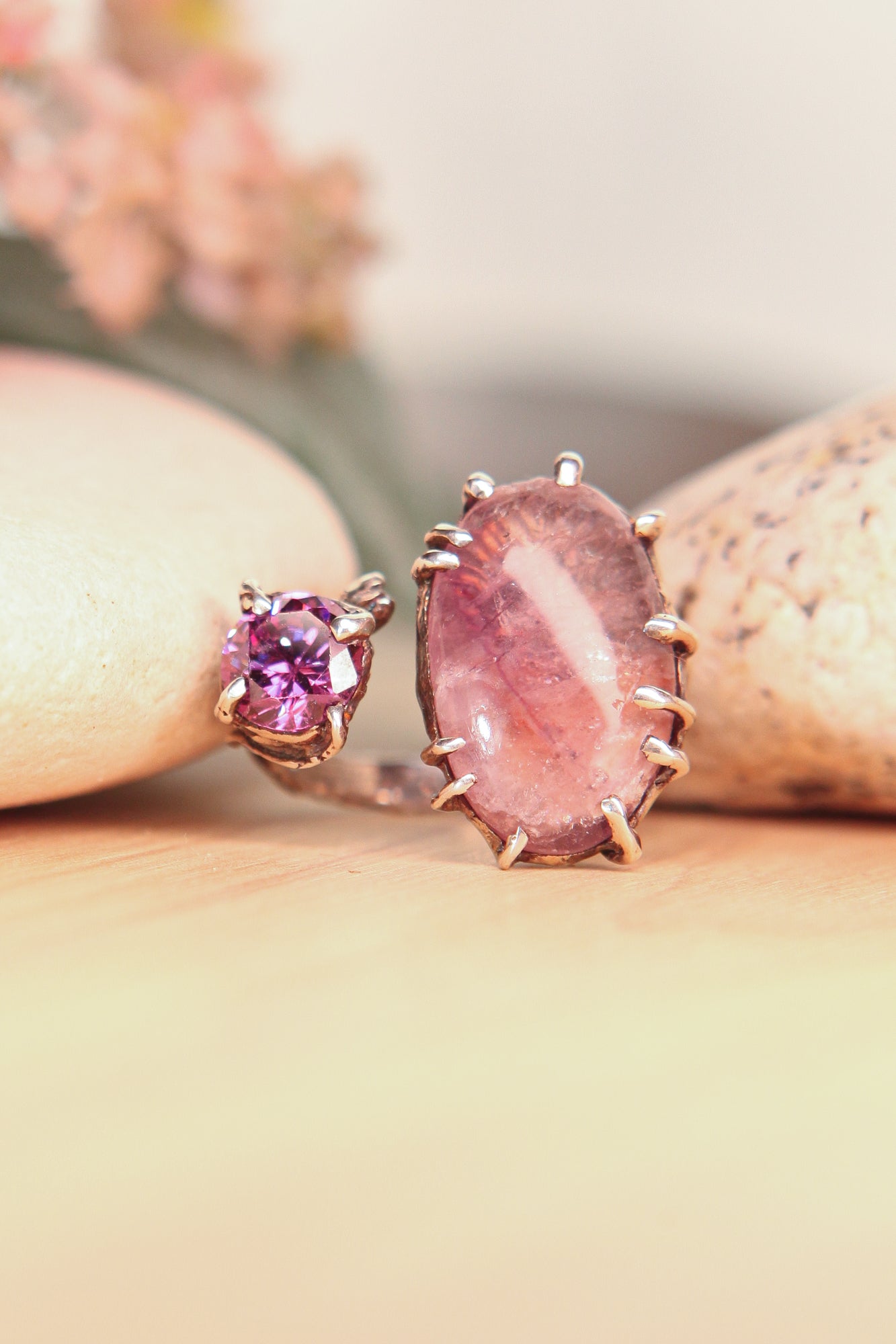 Botanical Silver Ring with Pink Fluorite & Purple Zircon