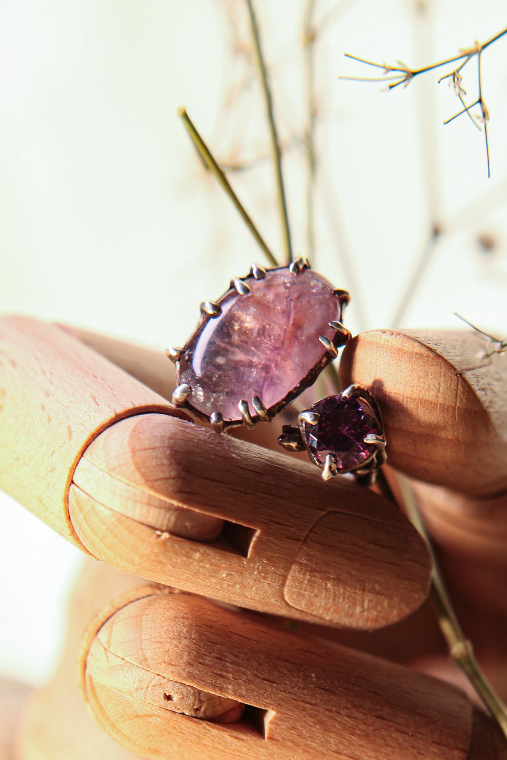 Botanical Silver Ring with Pink Fluorite & Purple Zircon