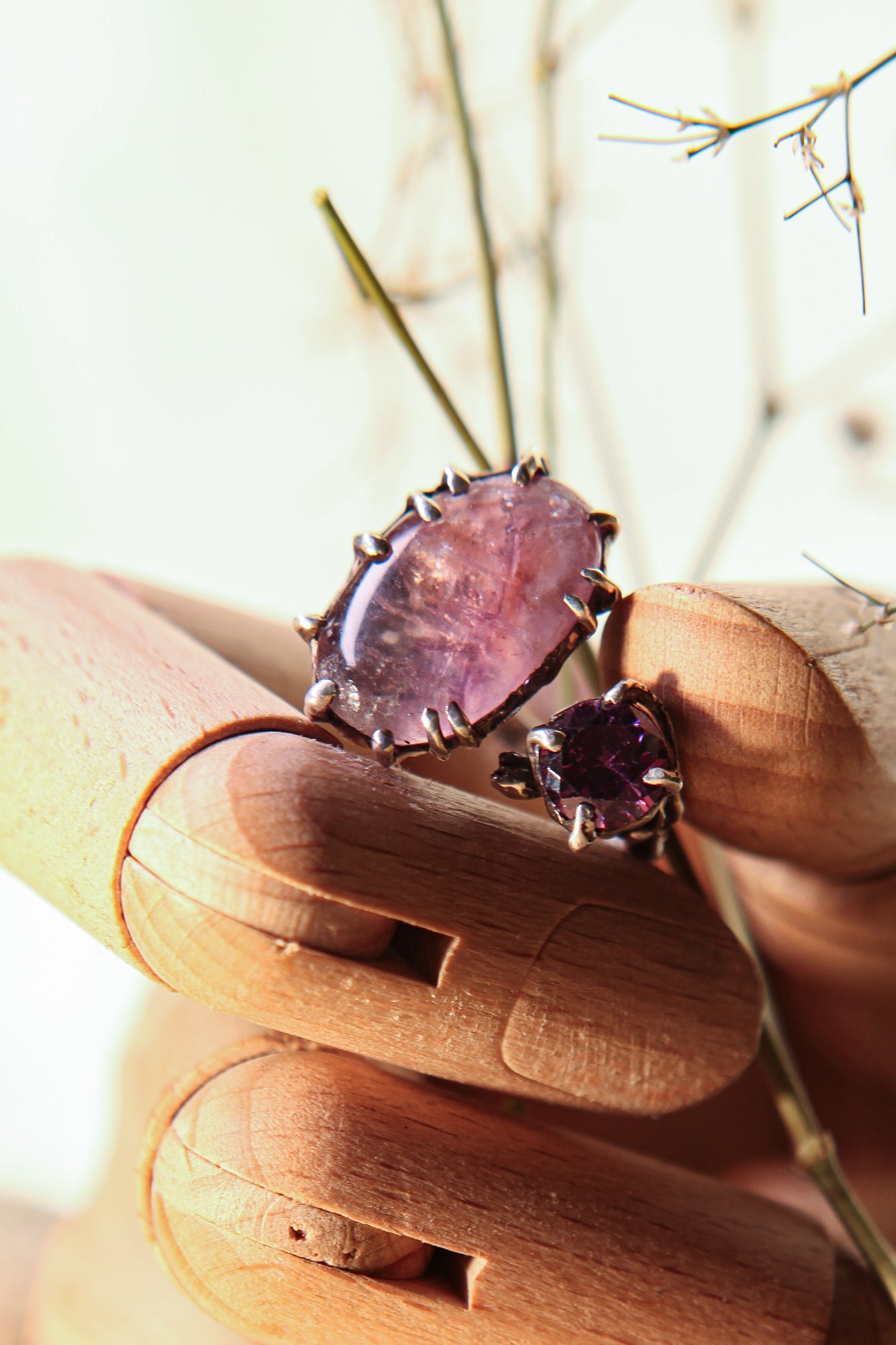 Botanical Silver Ring with Pink Fluorite & Purple Zircon