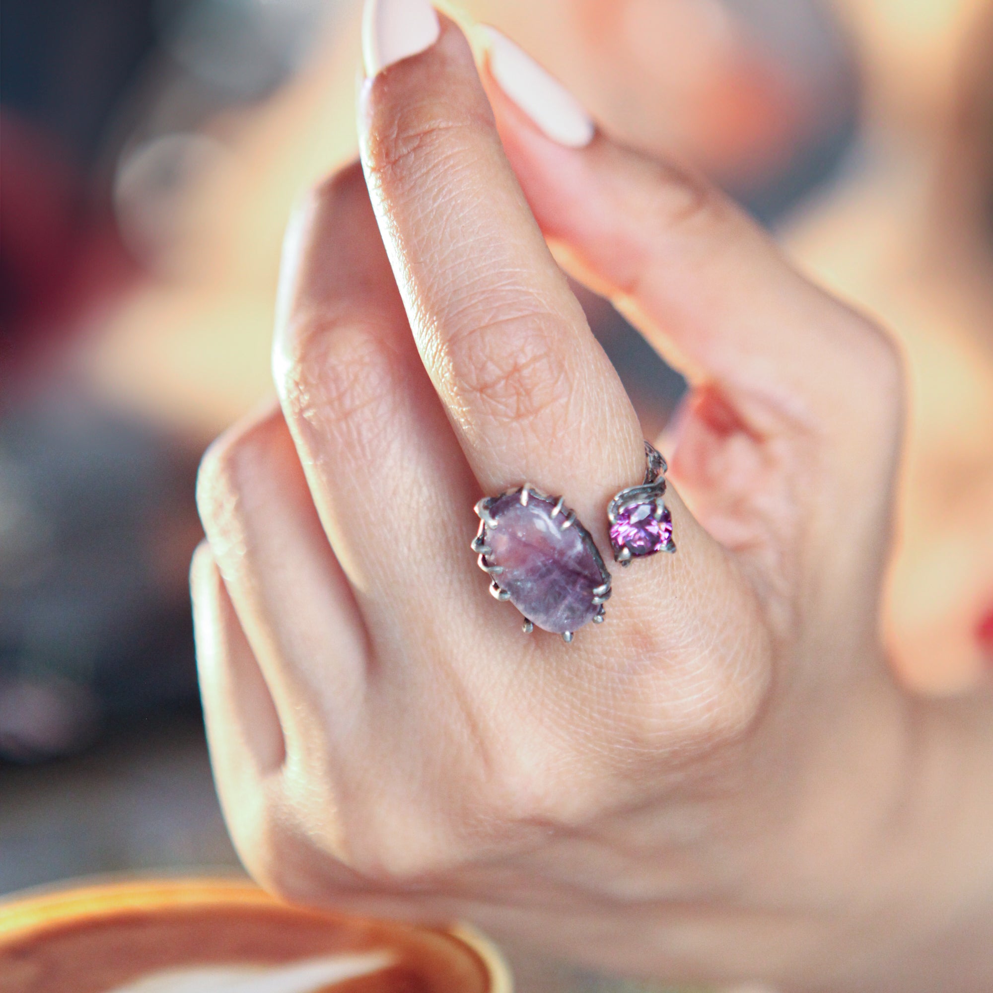 Botanical Silver Ring with Pink Fluorite & Purple Zircon
