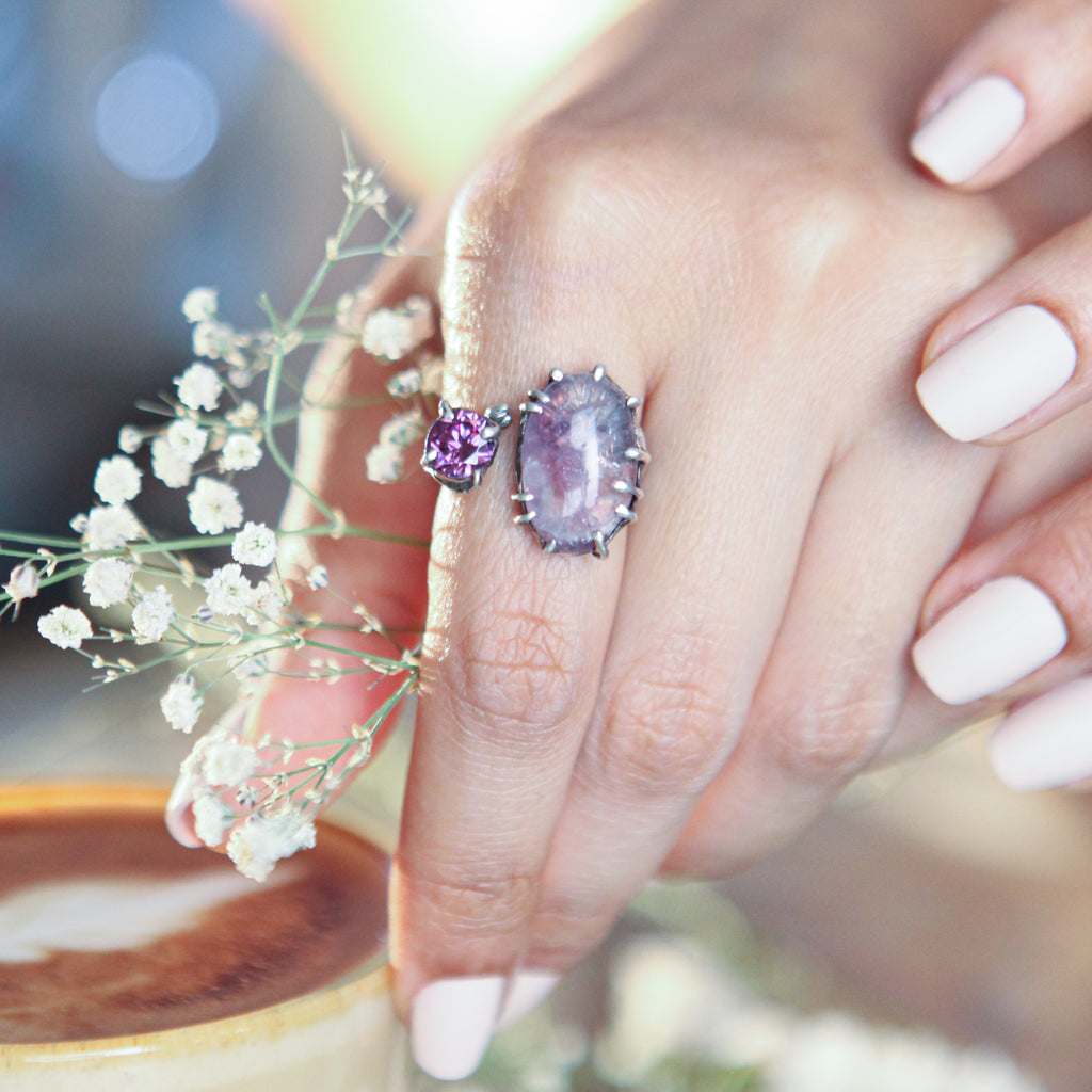 Botanical Silver Ring with Pink Fluorite & Purple Zircon