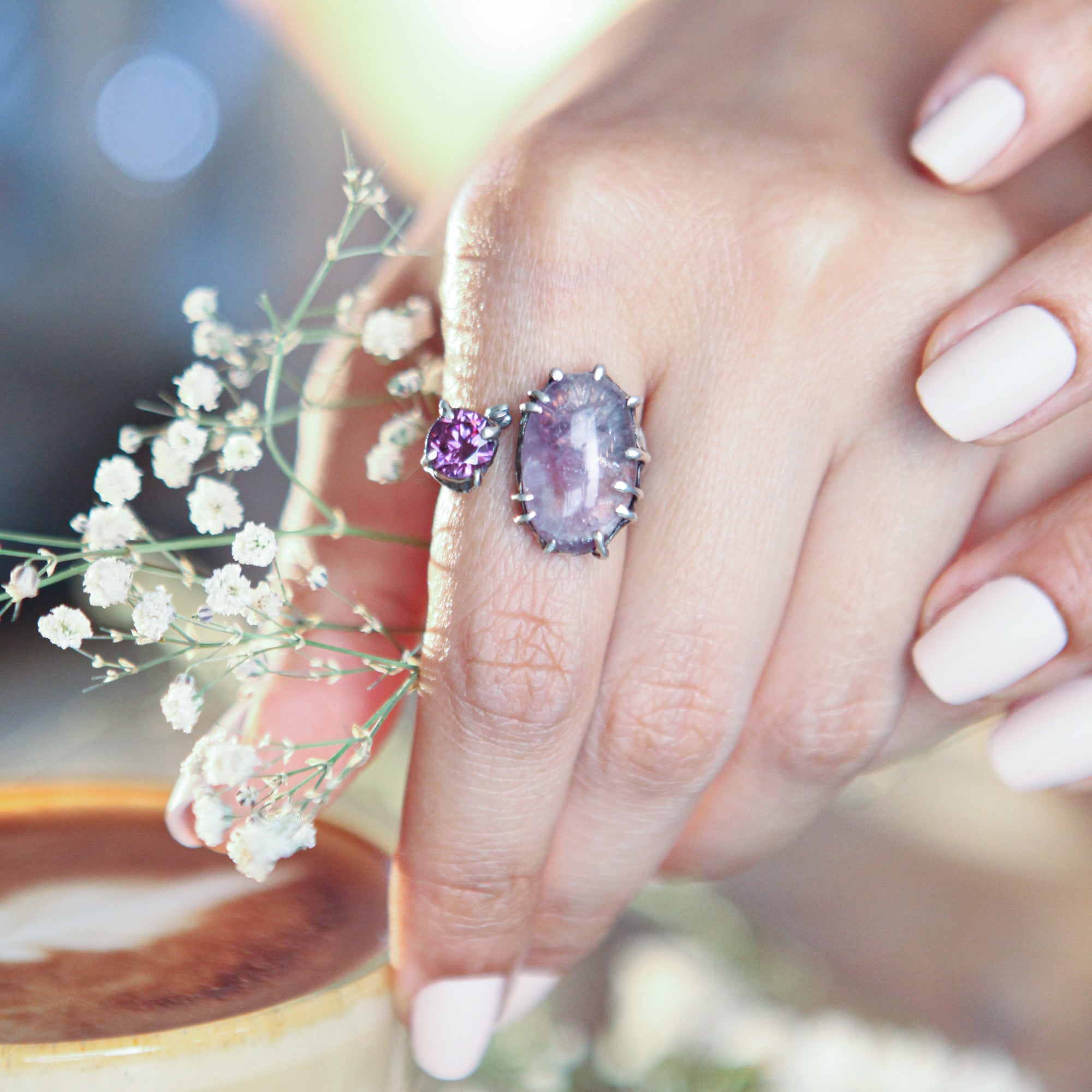 Botanical Silver Ring with Pink Fluorite & Purple Zircon