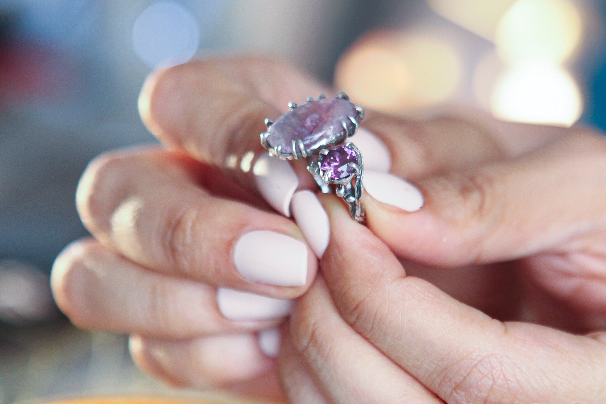 Botanical Silver Ring with Pink Fluorite & Purple Zircon
