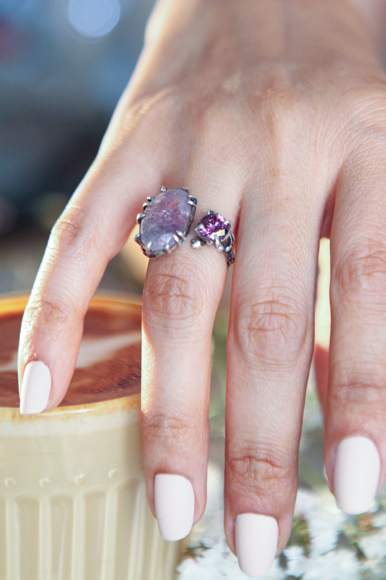 Botanical Silver Ring with Pink Fluorite & Purple Zircon