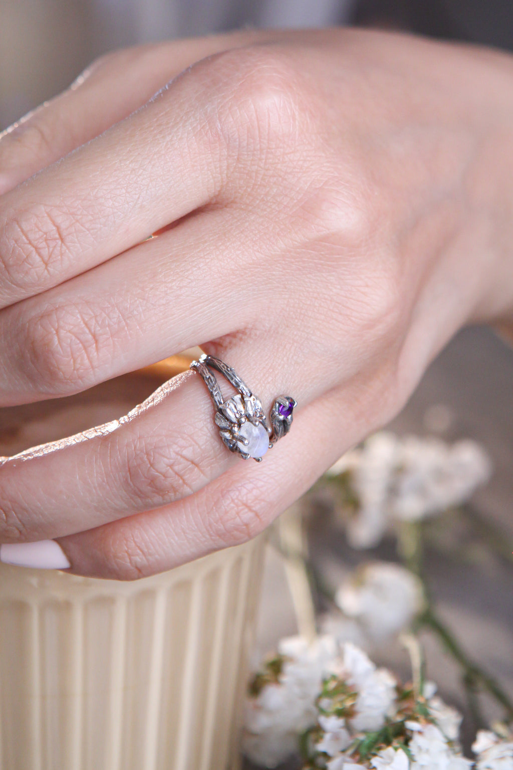 Daisy & Amethyst Open Ring with Moonstone Center