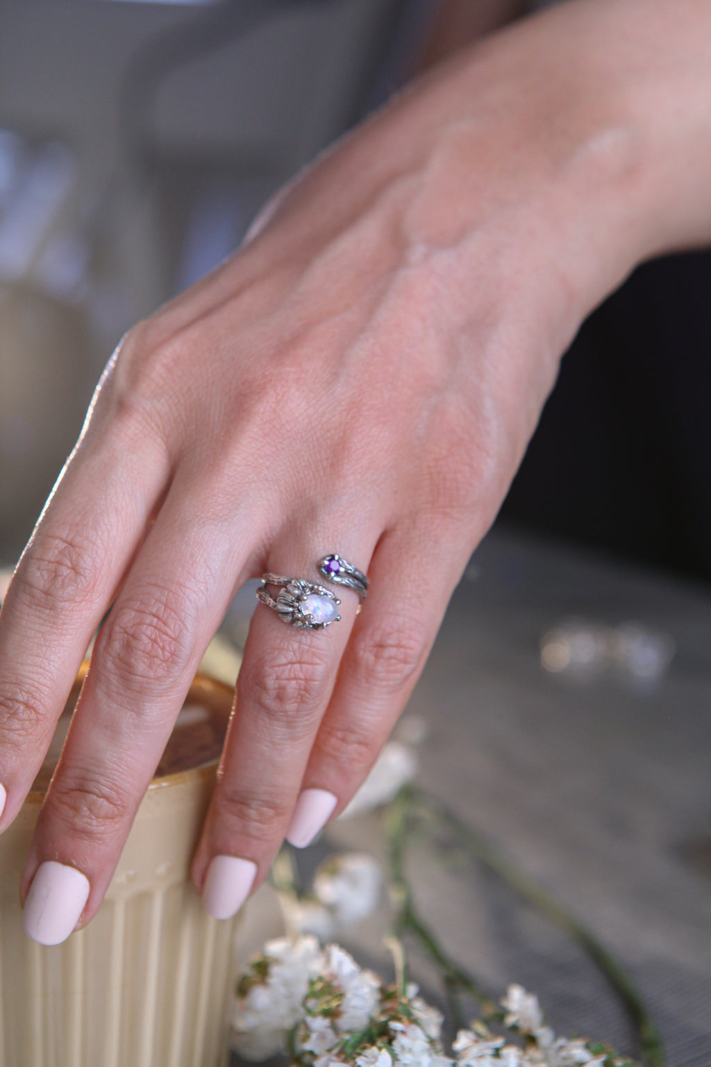 Daisy & Amethyst Open Ring with Moonstone Center