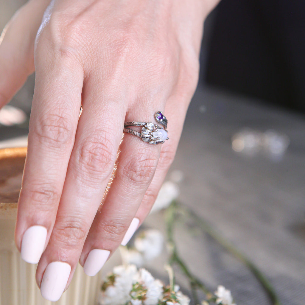Daisy & Amethyst Open Ring with Moonstone Center